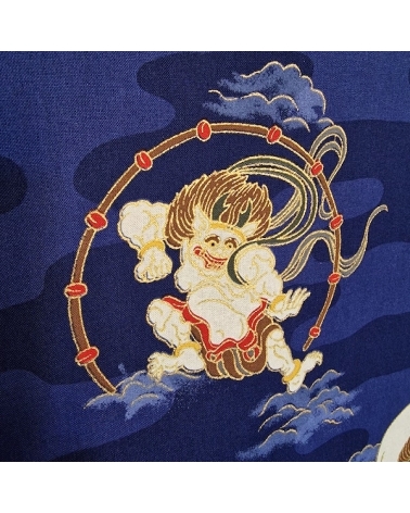 Tela japonesa de algodón dioses del trueno y viento (Fujin y Raijin) en azul.