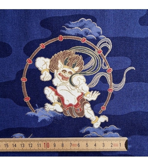 Tela japonesa de algodón dioses del trueno y viento (Fujin y Raijin) en azul.