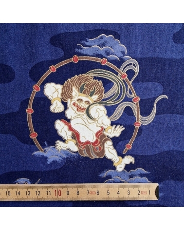 Tela japonesa de algodón dioses del trueno y viento (Fujin y Raijin) en azul.
