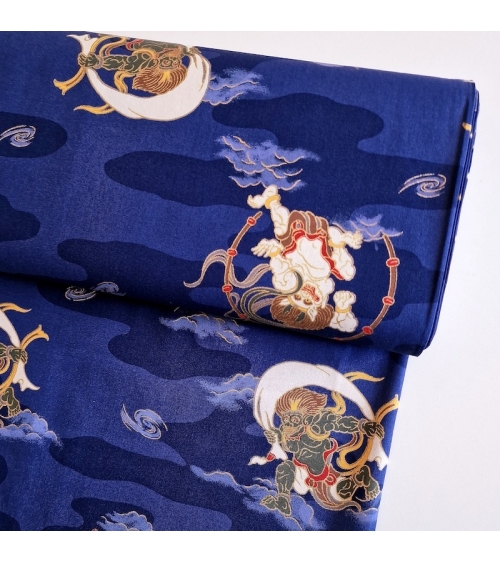 Japanese fabric Gods of Thunder and Wind (Fujin and Raijin) in blue.