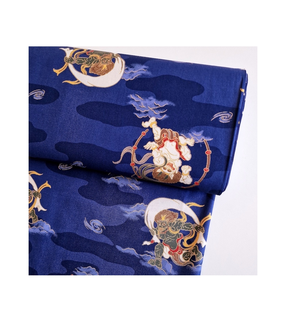Tela japonesa de algodón dioses del trueno y viento (Fujin y Raijin) en azul.