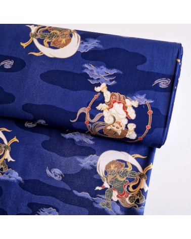 Tela japonesa de algodón dioses del trueno y viento (Fujin y Raijin) en azul.