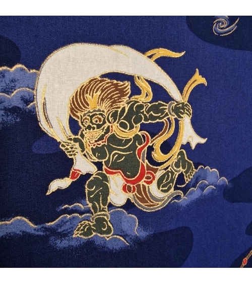 Tela japonesa de algodón dioses del trueno y viento (Fujin y Raijin) en azul.