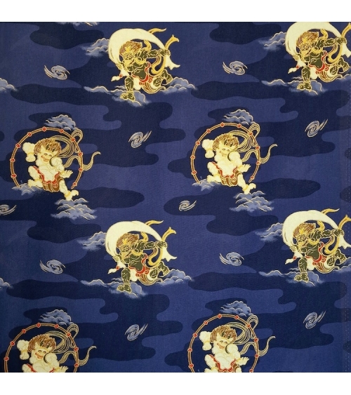 Tela japonesa de algodón dioses del trueno y viento (Fujin y Raijin) en azul.