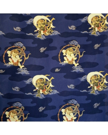 Tela japonesa de algodón dioses del trueno y viento (Fujin y Raijin) en azul.