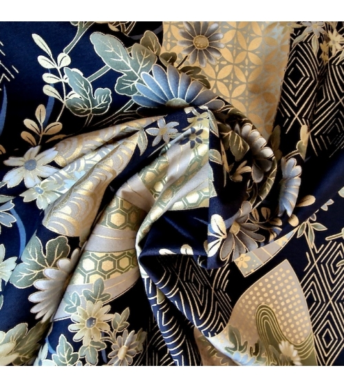 Japanese "Sensu to Hana" (fans and flowers) cotton fabric  in black.