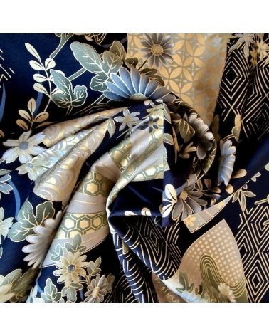 Japanese "Sensu to Hana" (fans and flowers) cotton fabric  in black.