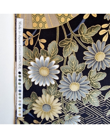 Japanese "Sensu to Hana" (fans and flowers) cotton fabric  in black.