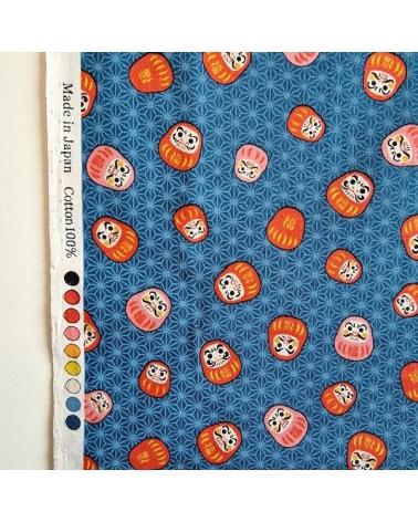 Japanese 100% cotton fabric "Darumas and asanoha" in blue.