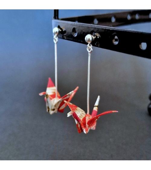Pendientes grullas origami rojo y fucsia en plata. Bolita en plata 925