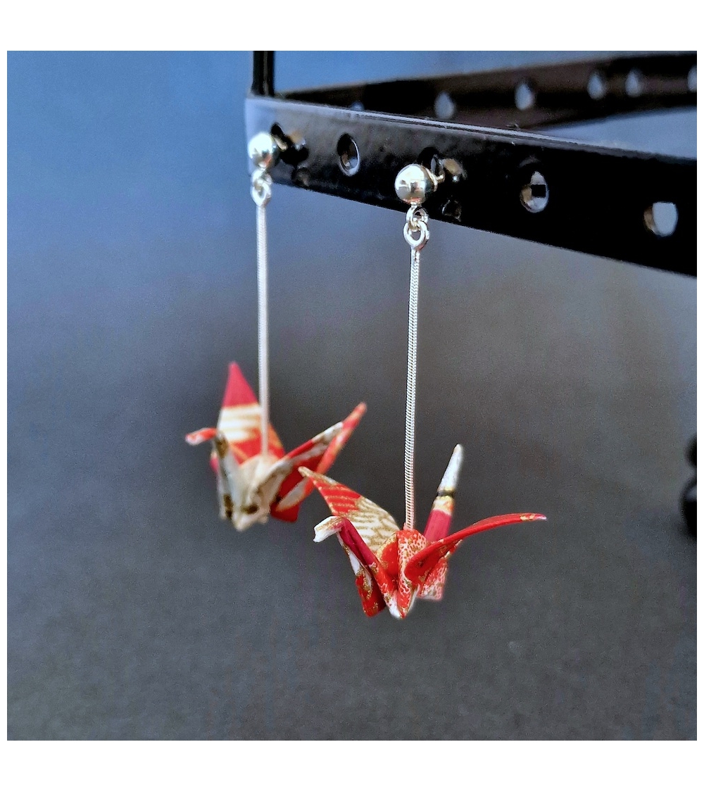 Pendientes grullas origami rojo y fucsia en plata. Bolita en plata 925