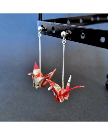 Pendientes grullas origami rojo y fucsia en plata. Bolita en plata 925