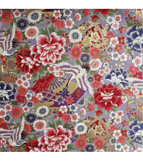 Japanese fabric. Multicolored cranes (tsuru) and flowers (hana) over lilac background, outlined in gold.