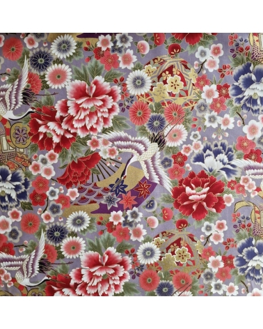 Japanese fabric. Multicolored cranes (tsuru) and flowers (hana) over lilac background, outlined in gold.