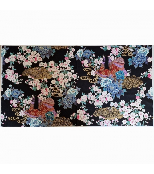 60CM UNIT. Japanese fabric "Heian Hime" with black background.