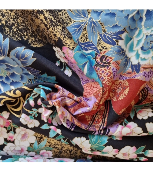 60CM UNIT. Japanese fabric "Heian Hime" with black background.