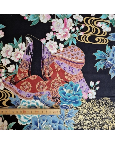 60CM UNIT. Japanese fabric "Heian Hime" with black background.