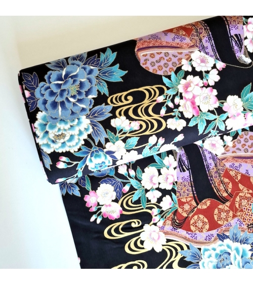 60CM UNIT. Japanese fabric "Heian Hime" with black background.