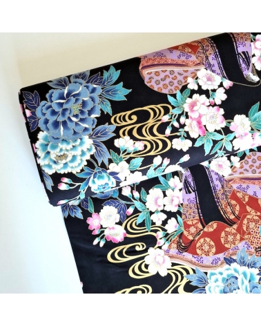 60CM UNIT. Japanese fabric "Heian Hime" with black background.