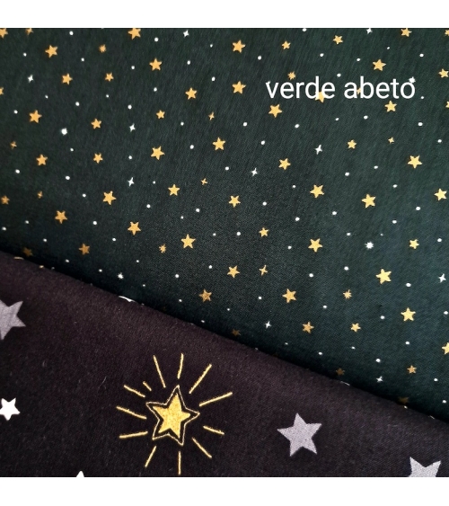 Tela japonesa de estrellitas doradas sobre fondo verde abeto