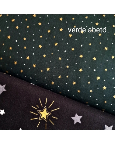 Tela japonesa de estrellitas doradas sobre fondo verde abeto