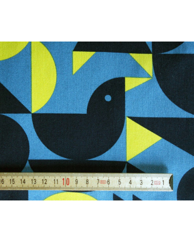 Tela japonesa. Geometría con animales ocultos en azul plomo y amarillo