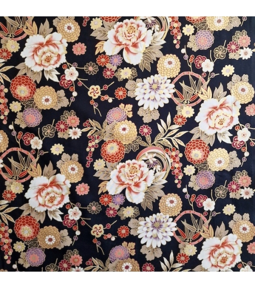 Tela japonesa "Flores y bambú" en colores de otoño sobre negro.