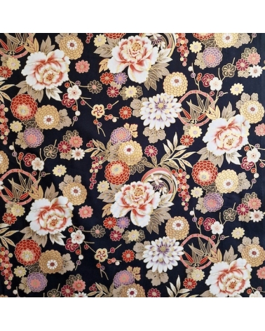 Tela japonesa "Flores y bambú" en colores de otoño sobre negro.