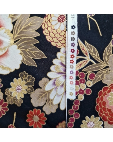 Tela japonesa "Flores y bambú" en colores de otoño sobre negro.