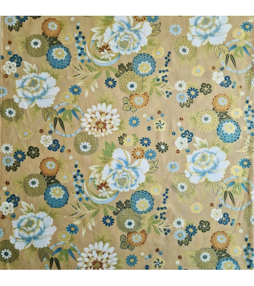 Tela japonesa "Flores y bambú" en azules sobre tostado.
