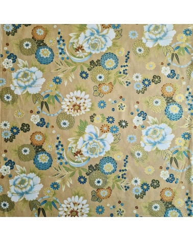 Tela japonesa "Flores y bambú" en azules sobre tostado.