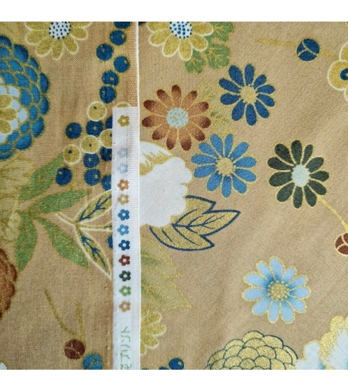 Tela japonesa "Flores y bambú" en azules sobre tostado.