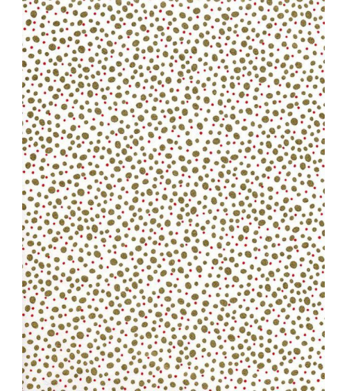 Papel Chiyogami puntos dorados y rojos sobre fondo blanco.