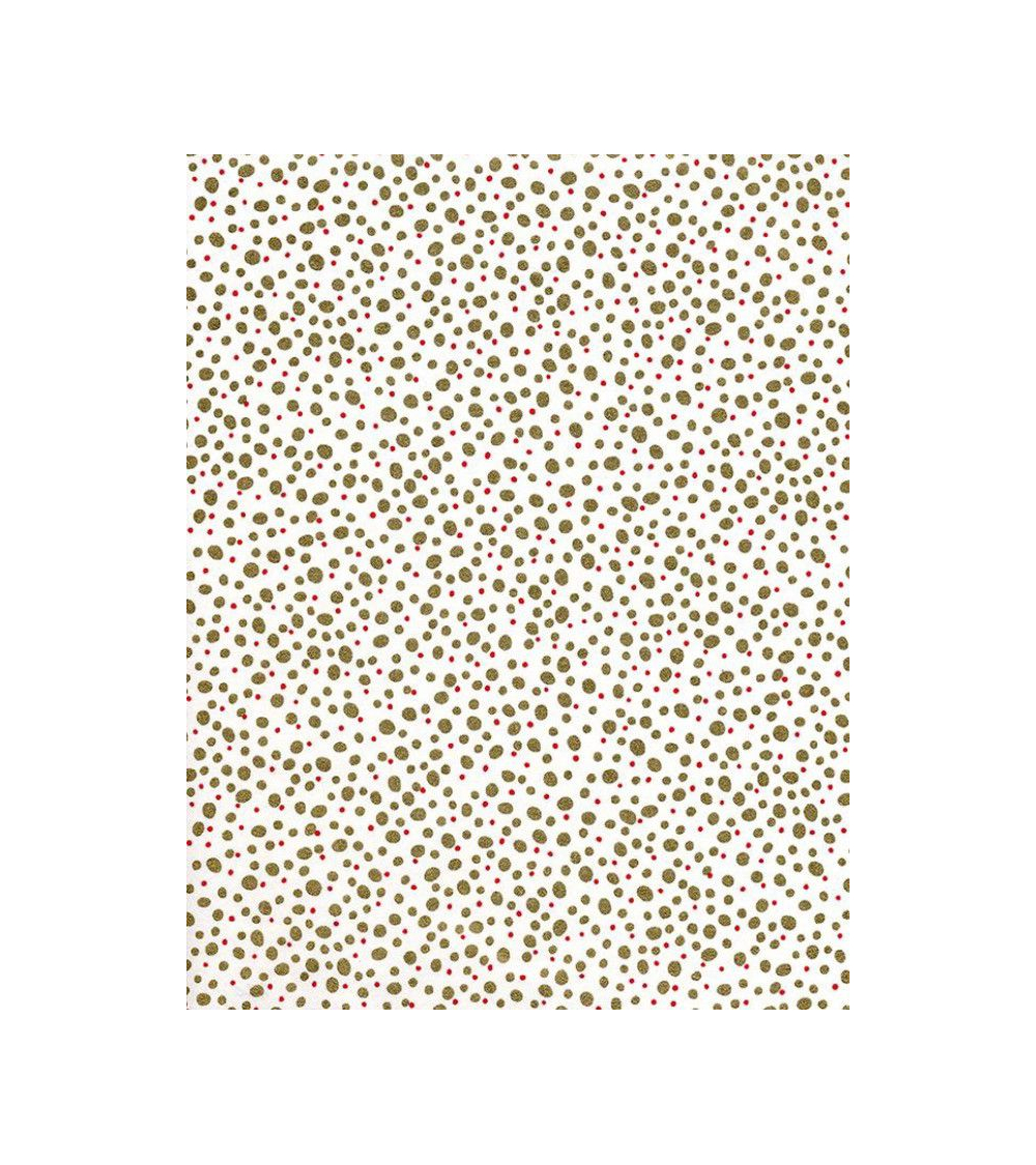 Papel Chiyogami puntos dorados y rojos sobre fondo blanco.