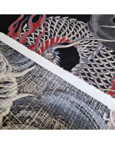 Tela dobby japonés Dragones grandes en negro.