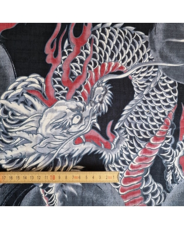 Tela dobby japonés Dragones grandes en negro.