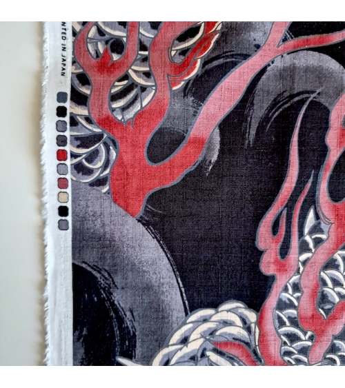 Tela dobby japonés Dragones grandes en negro.