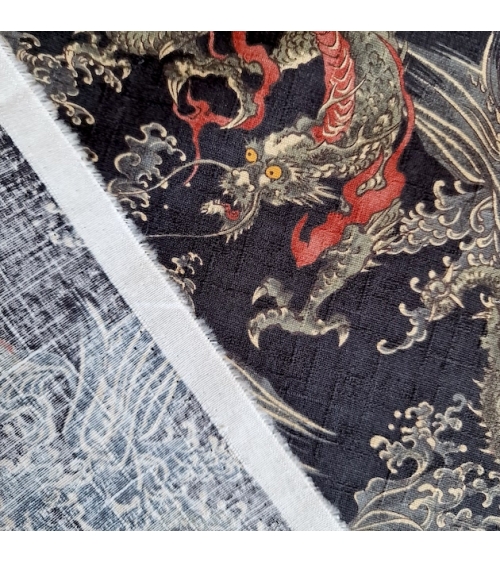 Tela dobby japonés Dragones pequeños y olas en negro.