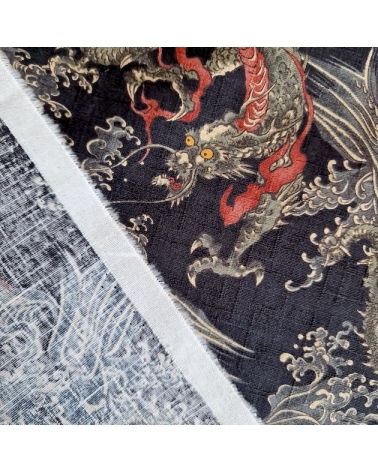 Tela dobby japonés Dragones pequeños y olas en negro.