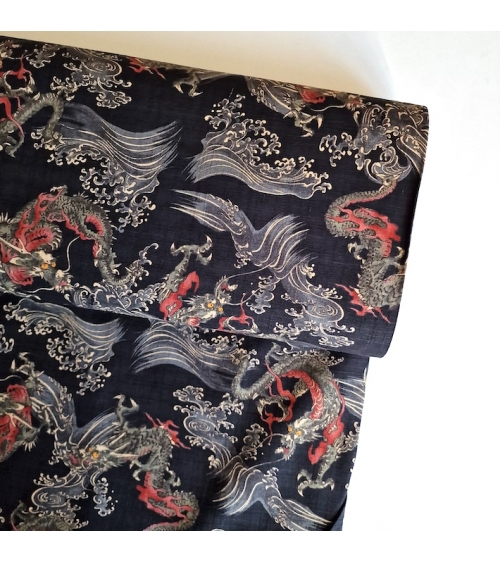 Tela dobby japonés Dragones pequeños y olas en negro.