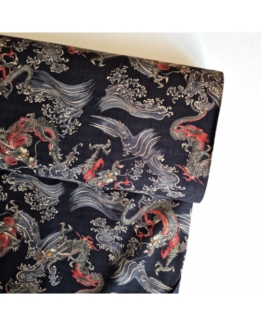 Tela dobby japonés Dragones pequeños y olas en negro.