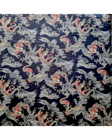Japanese dobby fabric with small dragons and waves in black.