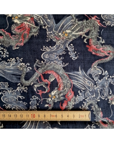 Tela dobby japonés Dragones pequeños y olas en negro.