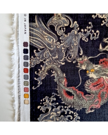 Tela dobby japonés Dragones pequeños y olas en negro.