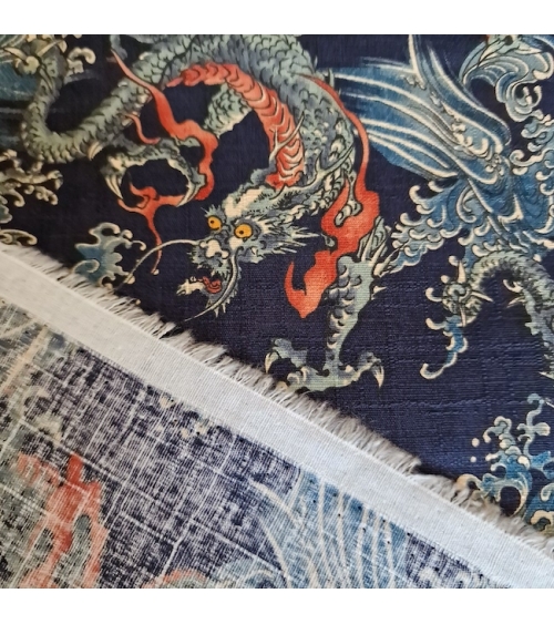 Tela dobby japonés Dragones pequeños y olas en azul.