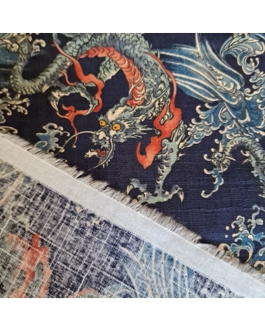 Tela dobby japonés Dragones pequeños y olas en azul.