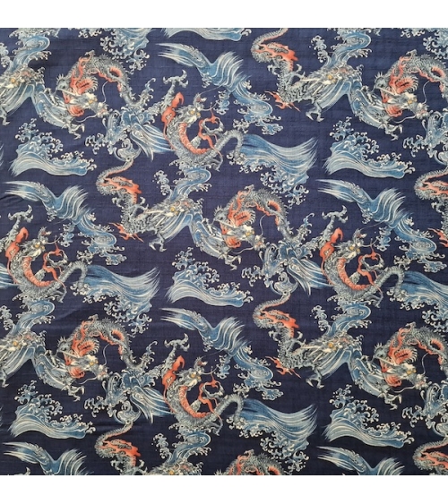 Tela dobby japonés Dragones pequeños y olas en azul.