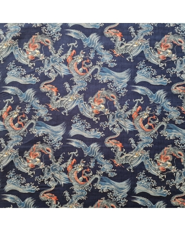 Tela dobby japonés Dragones pequeños y olas en azul.