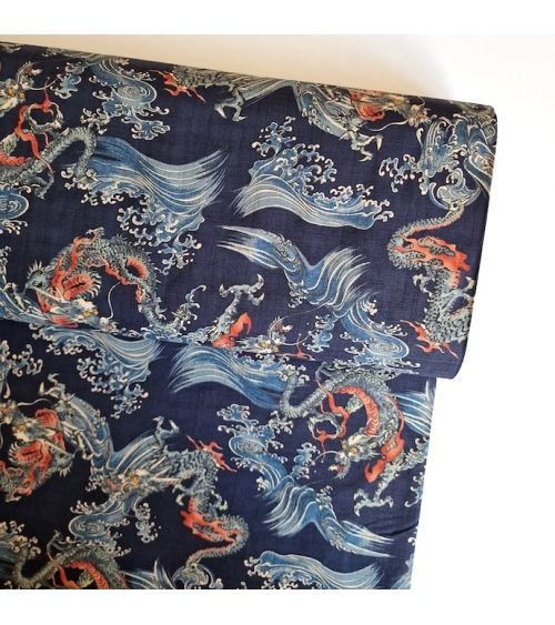 Tela dobby japonés Dragones pequeños y olas en azul.