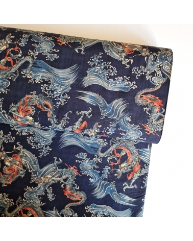 Tela dobby japonés Dragones pequeños y olas en azul.